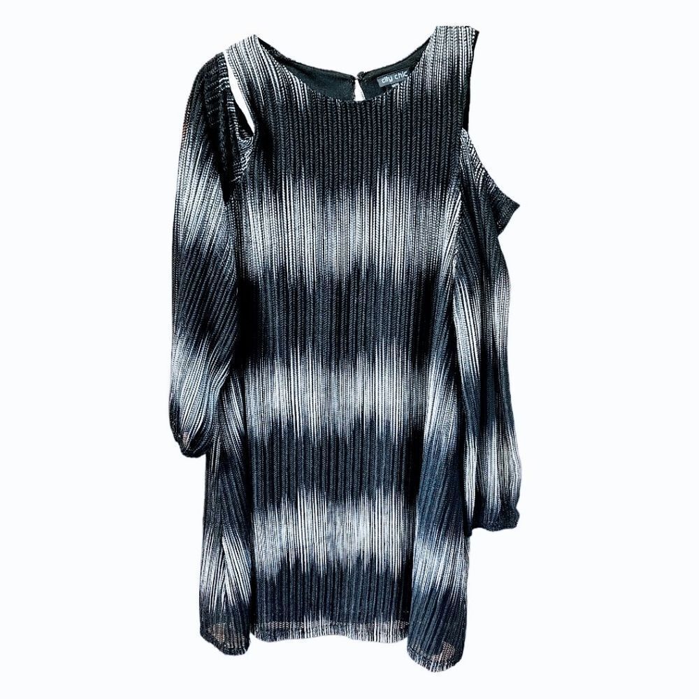 CITY CHICβ Black & Silver Ombre Mesh Knit Long Sleeve Cold Shoulder Shift Dress - Picture 10 of 15